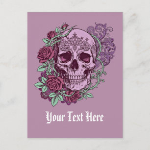Lila Totenkopf mit Rosen Goth Design Postkarte