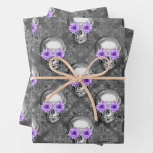 Lila Totenköpfe und Sonnenblumen-Serie Design 3 Geschenkpapier Set