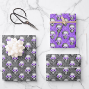 Lila Totenköpfe und Sonnenblumen-Serie Design 3 Geschenkpapier Set