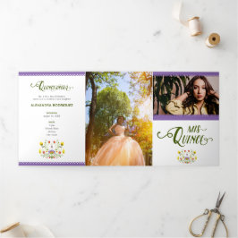Lila traditionelles Mexiko Blumenkohl Foto Quincea Dreifach Gefaltete Einladung