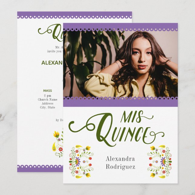 Lila traditionelles Mexiko Blumenkohl Foto Quincea Einladung (Vorne/Hinten)