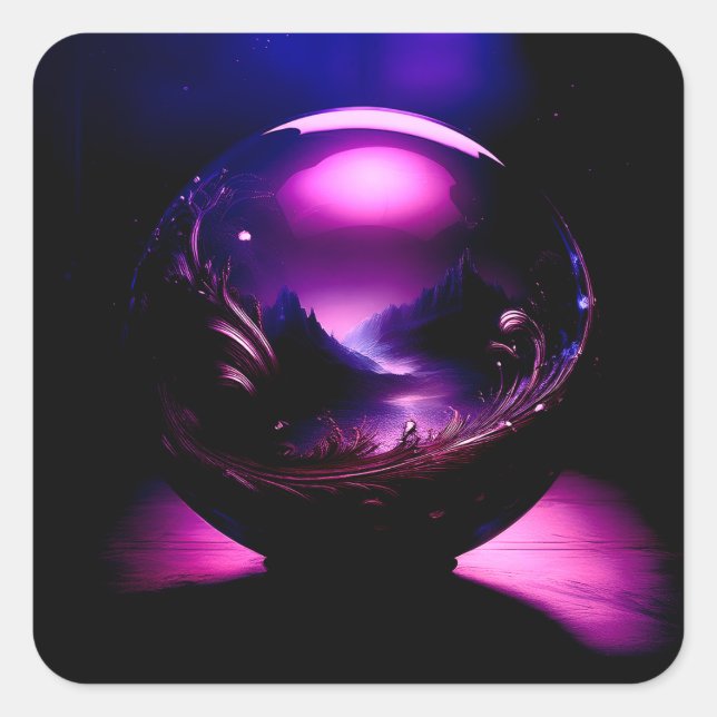 Lila, transparenter Globe mit Berglandschaft Quadratischer Aufkleber (Vorderseite)