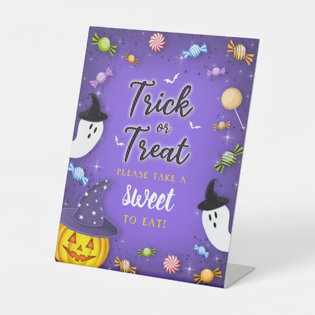 Lila Trick oder Treff Halloween Bitte nimm dir ein Sockelschild (Vorderseite)
