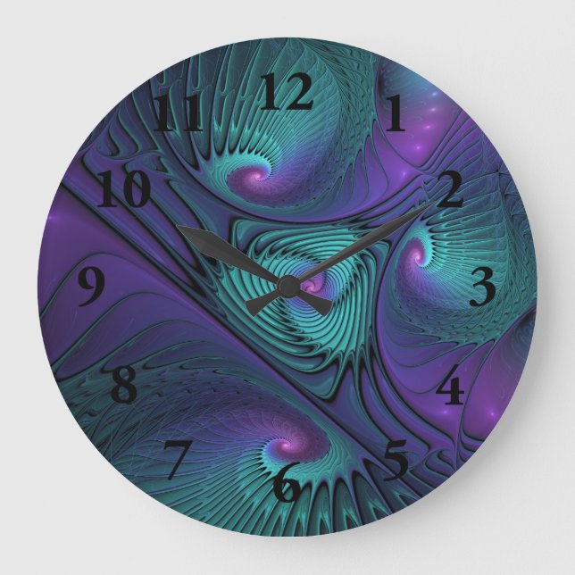 Lila trifft Türkis Modernes abstraktes Fraktal Kun Große Wanduhr (Vorderseite)