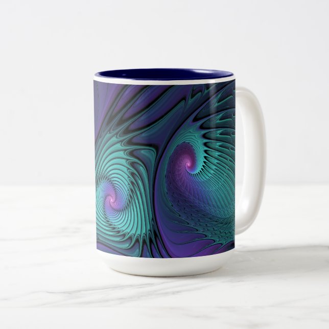 Lila trifft Türkis Modernes abstraktes Fraktal Kun Zweifarbige Tasse (VorderseiteRechts)