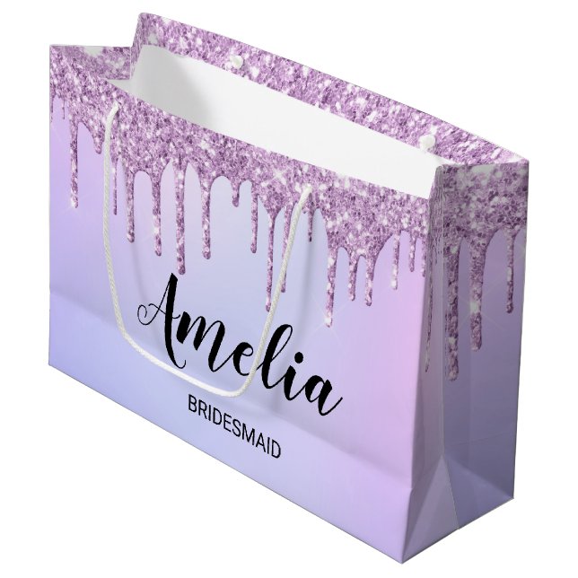 Lila Tropfen Glitzer Personalisiert Bridesmaier Große Geschenktüte (Vorderseite Schrägansicht)