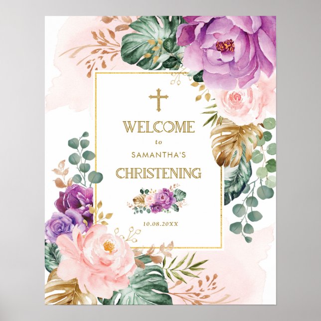 Lila tropische Blume Grün Christening Poster (Vorne)