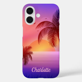 Lila tropischer Strand bei Sonnenuntergang iPhone 16 Hülle
