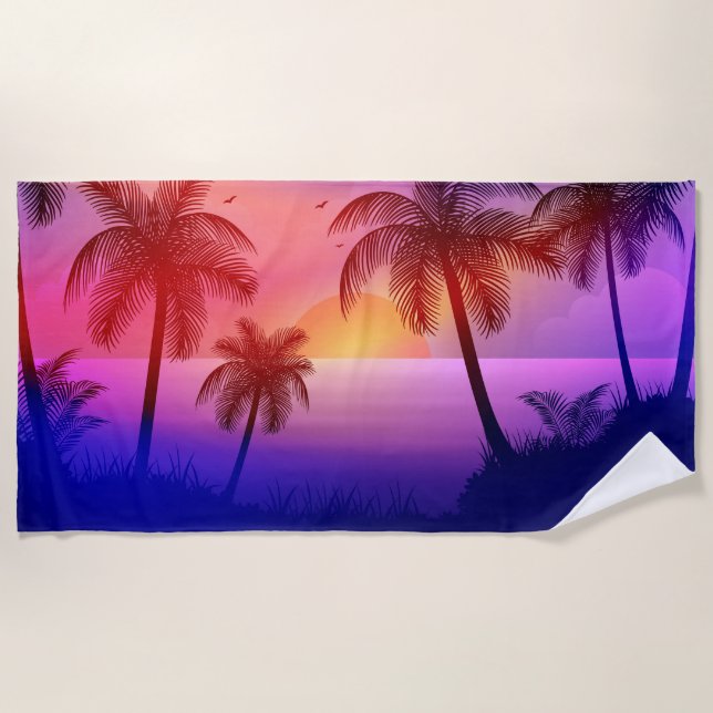 Lila tropischer Strand bei Sonnenuntergang Strandtuch (Vorderseite)