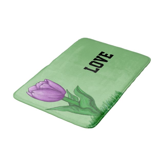 Lila Tulip Floral Sage Green Liebe Badematte (Schrägansicht)