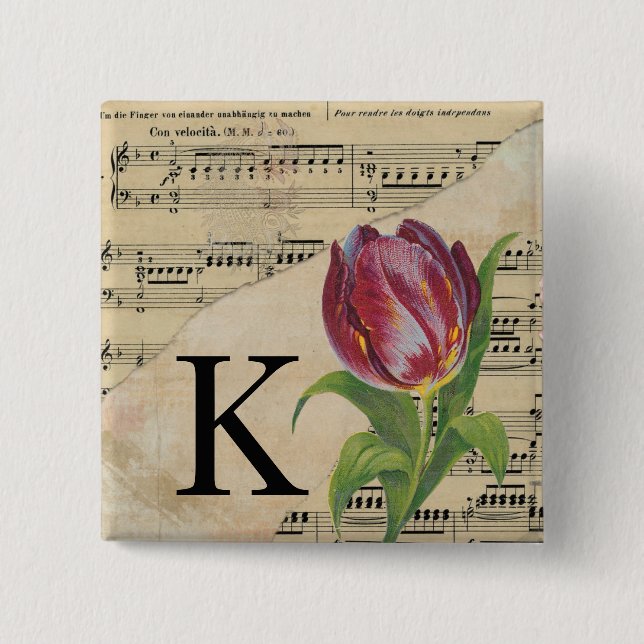 Lila Tulip Sheet Music Monogram Initial K Button (Vorderseite)