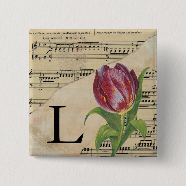 Lila Tulip Sheet Music Monogram Initial L Button (Vorderseite)
