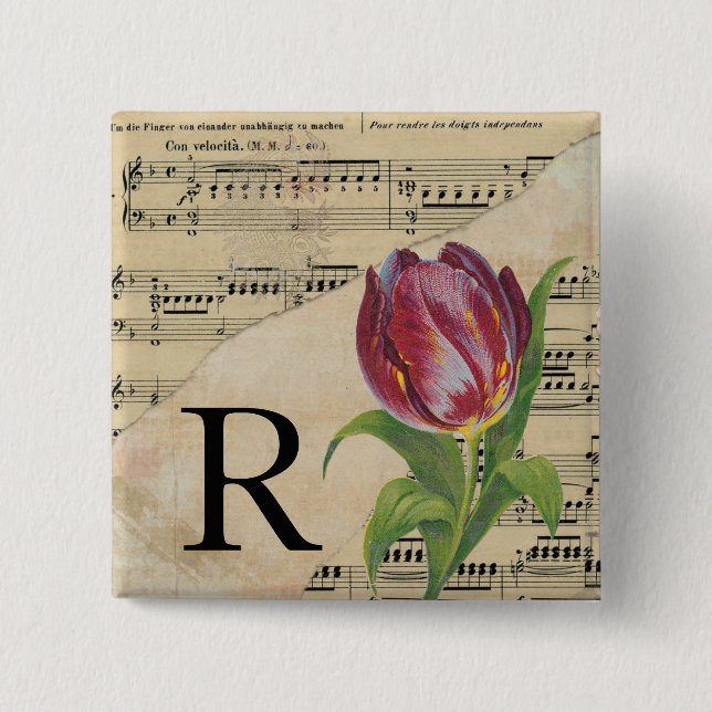 Lila Tulip Sheet Music Monogram Initial R Button (Vorderseite)