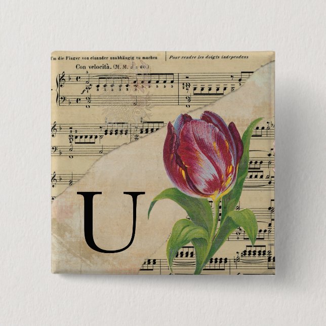 Lila Tulip Sheet Music Monogram Initial U Button (Vorderseite)