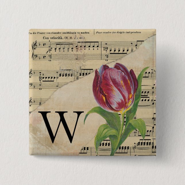 Lila Tulip Sheet Music Monogram Initial W Button (Vorderseite)