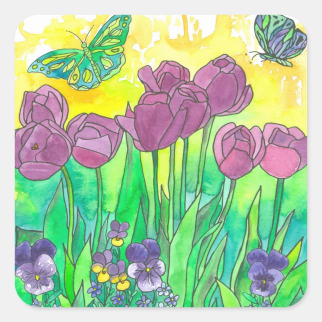 Lila Tulip Stiefmütterchen Aquarellfarben Blume Quadratischer Aufkleber (Vorderseite)