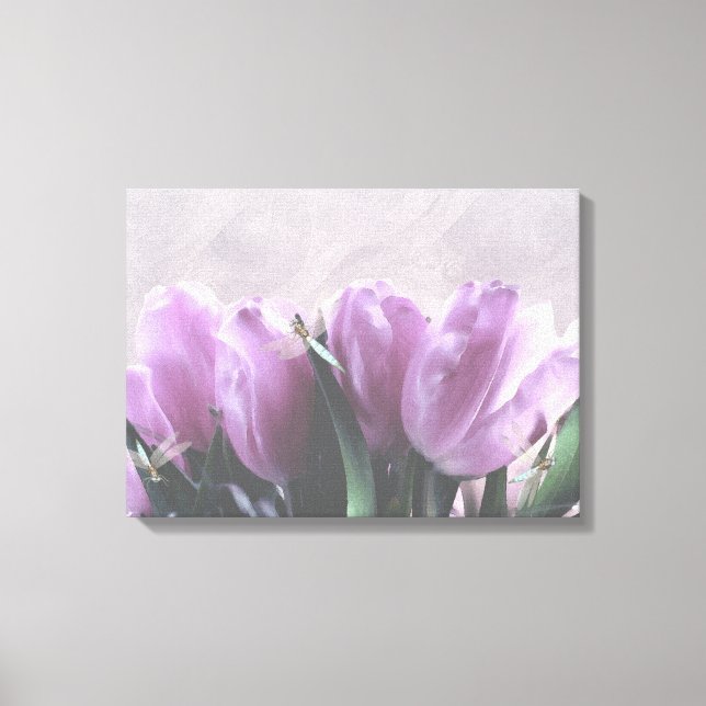Lila Tulips Aqua Dragonflies Leinwand Decke (Vorderseite)