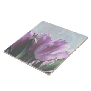Lila Tulips Aqua Dragonfly Kunst, Dichtung und Mus Fliese