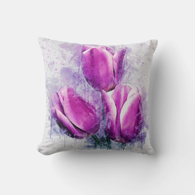 Lila Tulips Aquarellmalerei Kissen (Vorderseite)