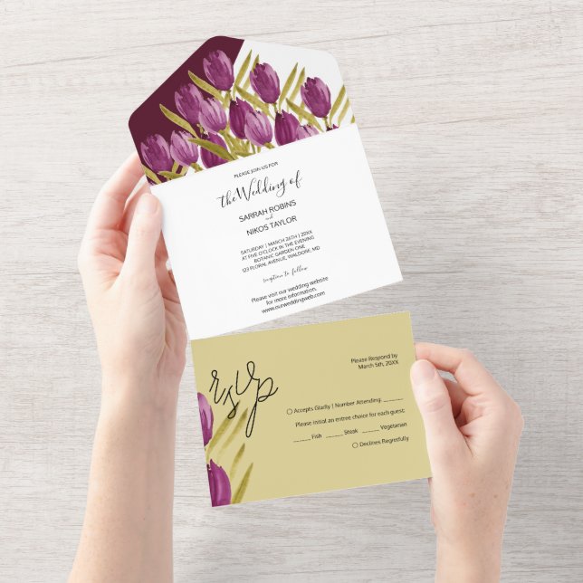 Lila Tulips Elegant Wasserfarbe Handgemalt All In One Einladung (Abreißtisch)