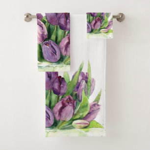 Lila Tulips Floral Wasserfarbmuster Badhandtuch Set