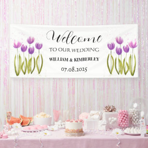 Lila Tulips Frühlingsflora Rustikale Hochzeit Banner