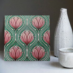 Lila Tulips Symmetrisches Muster Art Nouveau Fliese