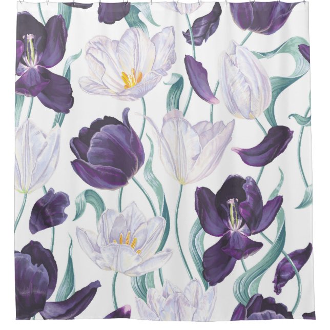 Lila Tulips: Weißer Vintager Realismus. Duschvorhang (Vorderseite)