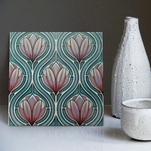 Lila Tulpen auf blauem symmetrischen Jugendstil Fliese
