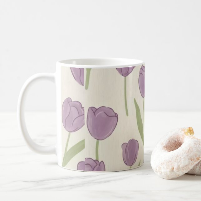 Lila Tulpen Blumenmuster Kaffeetasse (Mit Donut)