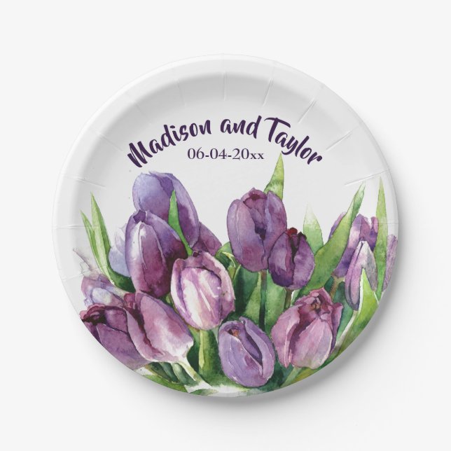 Lila Tulpenblumenwatercolor-Hochzeit/Dusche Pappteller (Vorderseite)