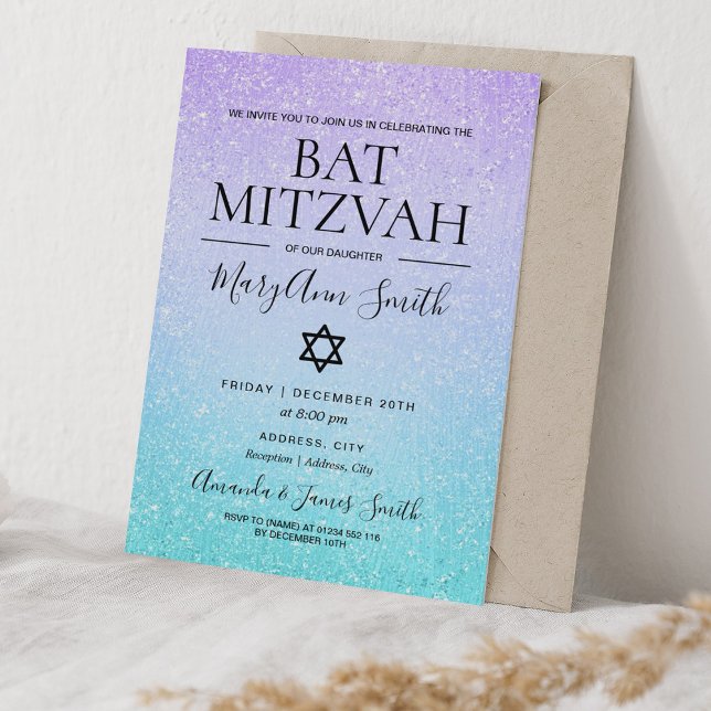 Lila & Türkis Bat Mitzvah Imitate Glitzer Paint Einladung (Von Creator hochgeladen)