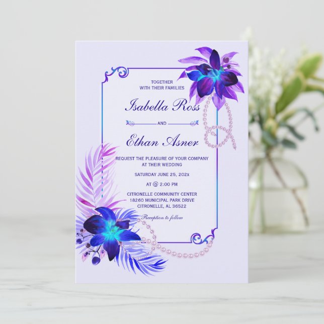 Lila Türkis Blauer Orchid Hochzeit Einladung (Stehend Vorderseite)