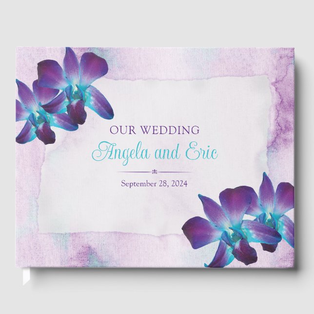 Lila Türkis Blue Dendrobium Orchid Wedding Gästebuch (Vorderseite)