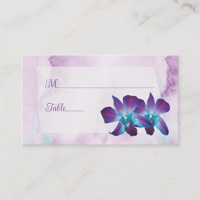 Lila Türkis Blue Dendrobium Orchid Wedding Platzkarte (Vorderseite)