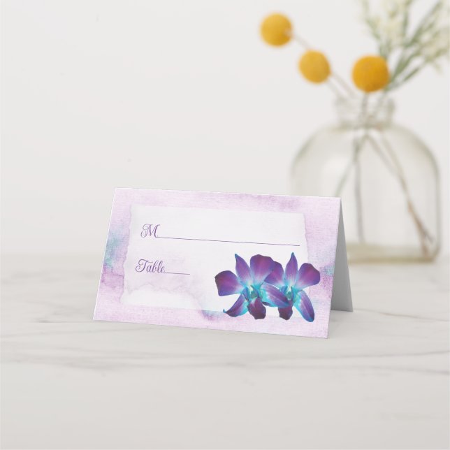 Lila Türkis Blue Dendrobium Orchid Wedding Platzkarte (Vorderseite)