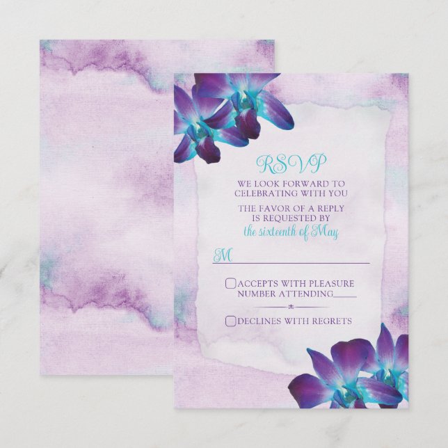 Lila Türkis Blue Dendrobium Orchid Wedding RSVP Karte (Vorne/Hinten)