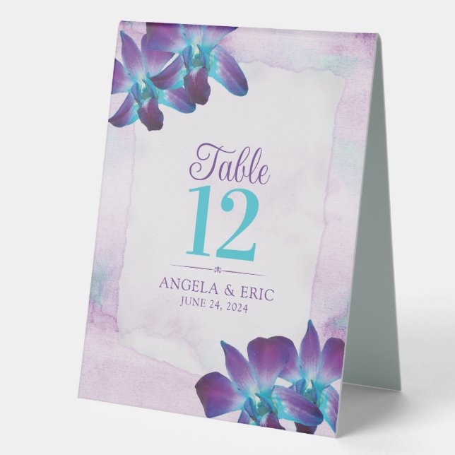 Lila Türkis Blue Dendrobium Orchid Wedding Tischaufsteller (Vorderseite)