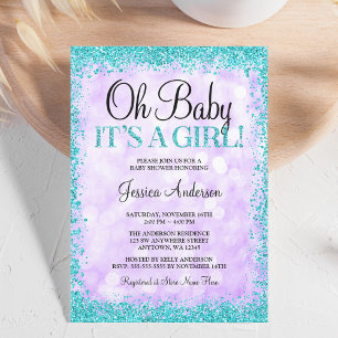 Lila Türkis Faux Glitter Lichter Mädchen Baby Show Einladung