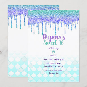 Lila & Türkis Glitter-Tropf Meerjungfrau Sweet 16 Einladung