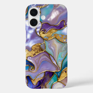 Lila Türkis Marmor Handyhülle Gold Luxus iPhone 16 Hülle