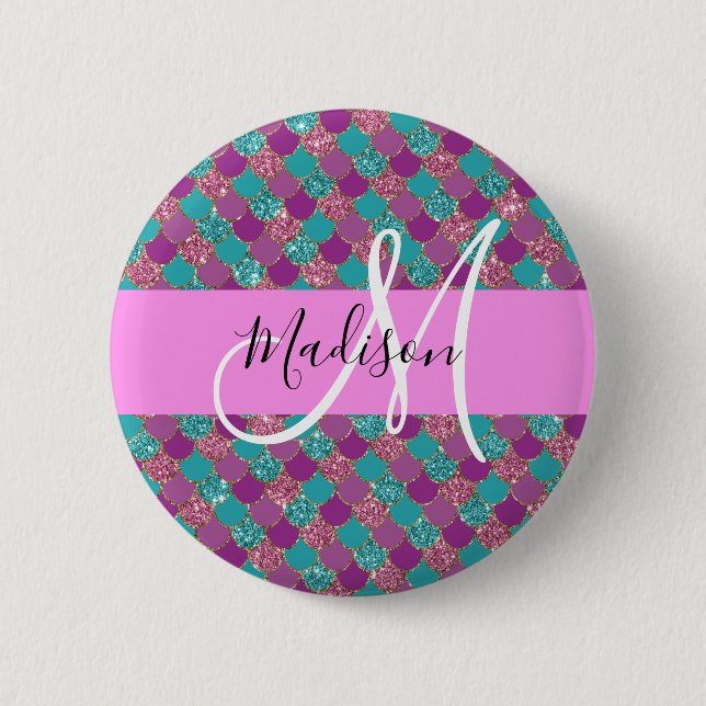 Lila Türkis Meerjungfrau Glitter Funkeln Monogramm Button (Vorderseite)