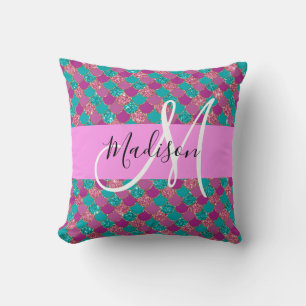 Lila Türkis Meerjungfrau Glitter Funkeln Monogramm Kissen