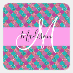 Lila Türkis Meerjungfrau Glitter Funkeln Monogramm Quadratischer Aufkleber