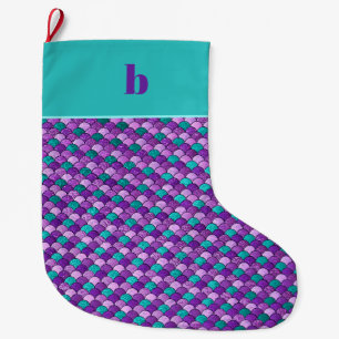 Lila Türkis Meerjungfrau Schuppen Monogramm Weihna Großer Weihnachtsstrumpf