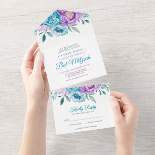 Lila Türkis Wasserfarbe Floral Bat Mitzvah All In One Einladung