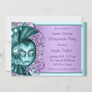 Lila Türkisblaue Sweet Sixteen-Maskenparty Einladung