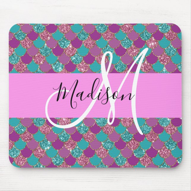 Lila Türkisblume Glitzer Glitzern Monogram Mousepad (Vorne)