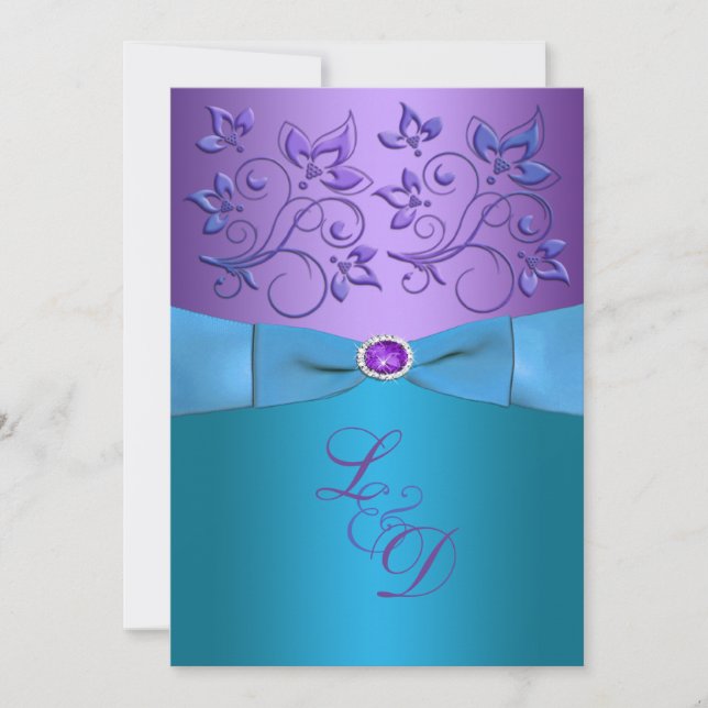 Lila, türkisfarbene Monogramm-Hochzeit Einladung (Vorderseite)