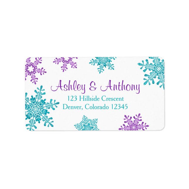 Lila türkisfarbene Snowflake Hochzeit Rücksendeadr Adressaufkleber (Vorne)